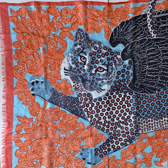 Inouitoosh Cotton and Silk Wing Cheetah Orange Blue Scarf 78"x38" - Picture 4 of 8